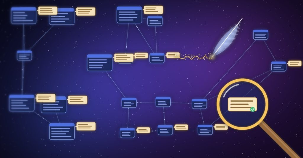 Copilot ile açıklama yazılan semantic model tablolarından oluşan ışıklı takımyıldız ve büyüteçle incelenen etiket